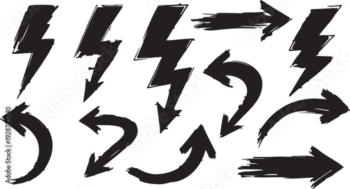 Sketchy arrow set with pen, crayon and chalk effects. Hand drawn style with brush and pencil strokes. Flat vector illustration isolated on white. Distressed rough texture