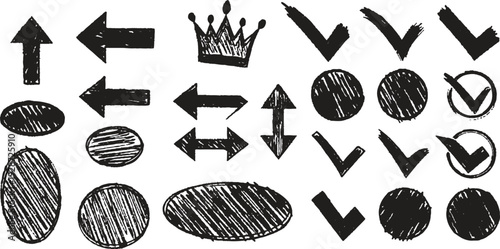 Collection of hand drawn black ink brush strokes check marks crosses arrows dots and circles on white background