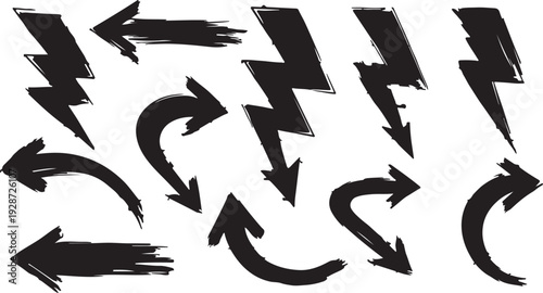 Sketchy arrow set with pen, crayon and chalk effects. Hand drawn style with brush and pencil strokes. Flat vector illustration isolated on white. Distressed rough texture