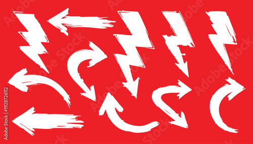 Sketchy arrow set with pen, crayon and chalk effects. Hand drawn style with brush and pencil strokes. Flat vector illustration isolated on white. Distressed rough texture