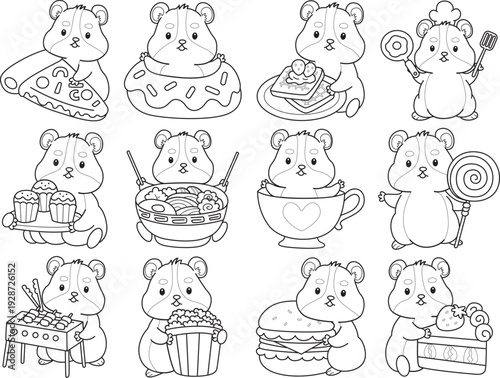 Coloring pages of Cute set of hamster sticker with activity.  Outline of hamster 