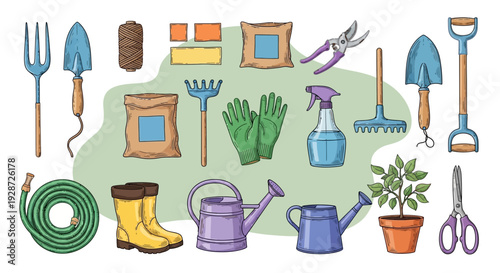 gardening tools set, garden equipment, planting and care, spring season