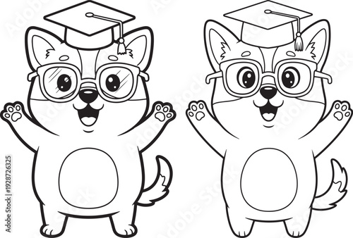 AdTwo cute cartoon corgis wearing graduation caps and glasses, celebrating academic achievement and graduation day.