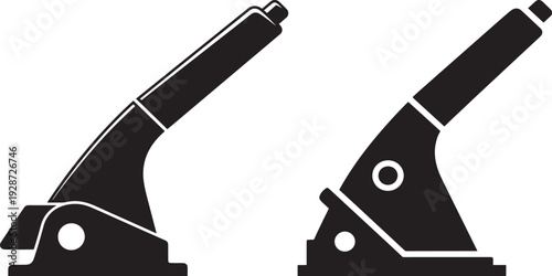 Two black handbrake levers on a white background, representing car parts, parking, and automotive safety.