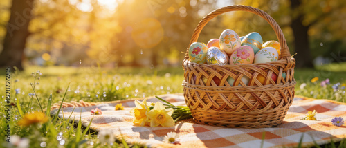 Vibrant panoramic view of a wicker basket overflowing with colorful hand-painted Easter eggs on a checkered blanket in a sunlit park, featuring yellow daffodils and a soft bokeh background.