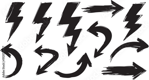 Sketchy arrow set with pen, crayon and chalk effects. Hand drawn style with brush and pencil strokes. Flat vector illustration isolated on white. Distressed rough texture