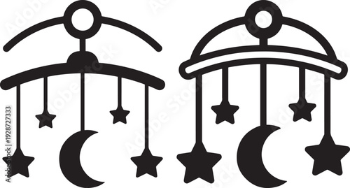 Simple black and white silhouettes of two baby crib mobiles with stars and crescent moon