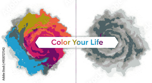 Vibrant colorful swirl contrasted with grayscale design element on white background with inspirational quote color your life