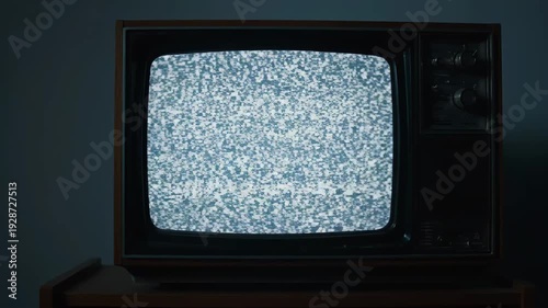 Vintage television displaying static screen in a dark room  