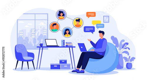 online meeting concept, man using laptop, video call with colleagues