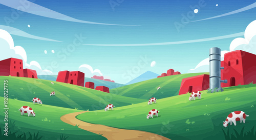 idyllic rural landscape with cows and red buildings