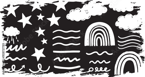 Whimsical seamless pattern with cute smiling suns clouds rainbow flowers and a character