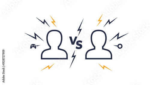 Competitive concept showing two human silhouettes facing each other with a VS symbol and lightning bolts for battle or sports.