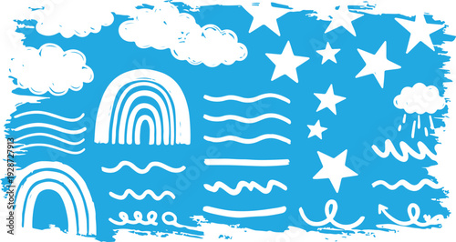 Whimsical seamless pattern with cute smiling suns clouds rainbow flowers and a character