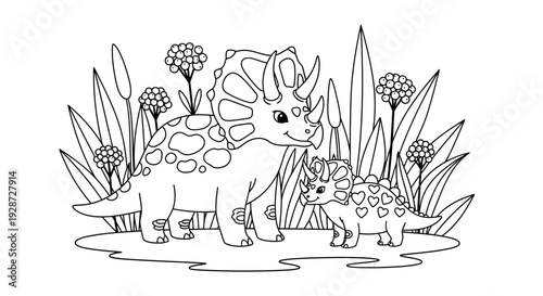 cute triceratops dinosaurs family in nature, coloring page