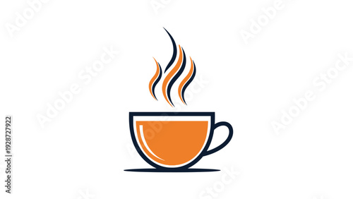 Minimalist logo design of a cup of tea or coffee with orange liquid and stylized steam rising on a white background for cafes.