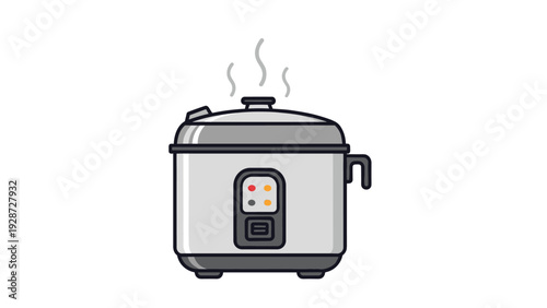 Traditional silver electric rice cooker appliance with steam rising from the lid isolated on a plain white background for food.