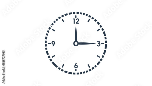 Simple analog clock face with black markings and hands showing exactly three o clock on a clean white background for scheduling.