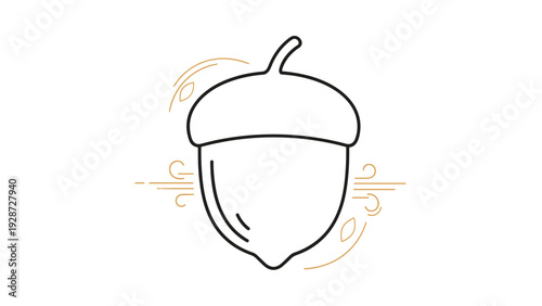 Stylized acorn illustration with decorative swirls and small leaves around it on a clean white background for autumn themes.