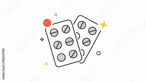 Pair of blister packs containing grey medical pills with decorative stars and circles around them on a white background for health.