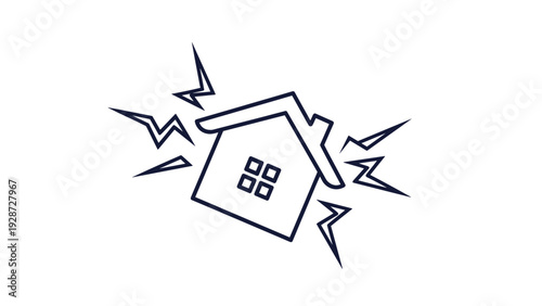 Line art illustration of a small house shaking with lightning or vibration symbols representing earthquake, construction noise, or alarm.