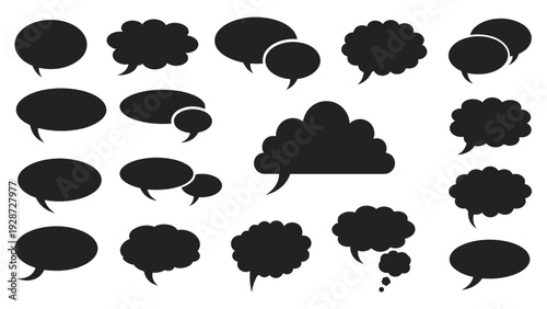 Assorted black speech bubble and thought cloud silhouettes for comic strips, sticker designs, mobile apps, and graphic design elements.