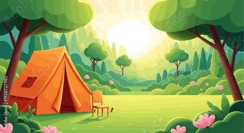 camping tent in nature landscape, sunny day, cartoon style