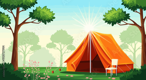 camping tent in nature, sunny day, outdoor adventure