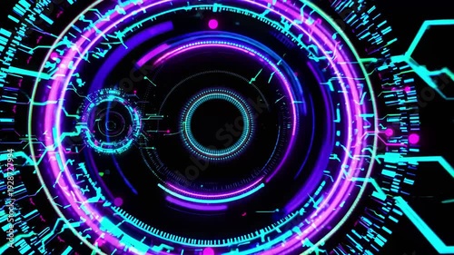 Glitch background with circular neon patterns in vibrant colors  