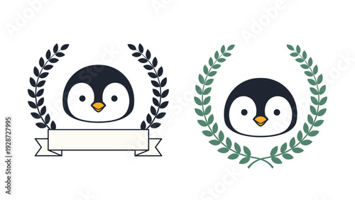 Two cute penguin head emblems surrounded by laurel wreaths for mascot logos, educational awards, or winter themed branding materials.