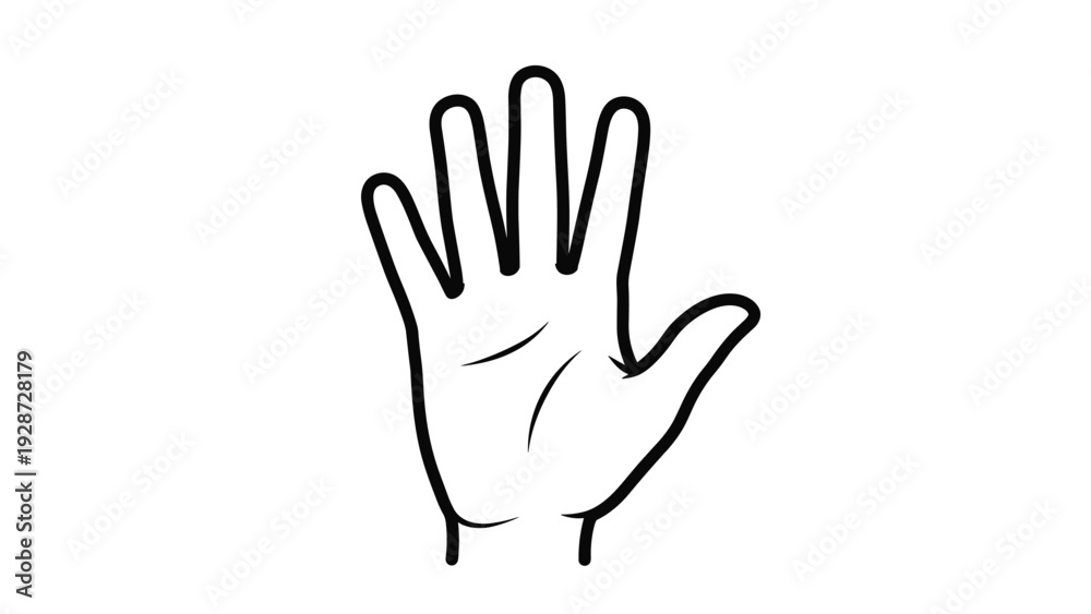 Fototapeta premium Simple black and white line drawing of an open hand palm representing stop, greeting, help gestures, or palmistry related themes.