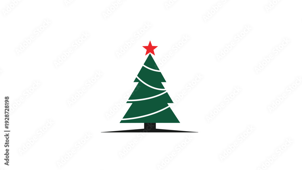Fototapeta premium Minimalist green Christmas tree icon topped with a red star and decorated with white swirling lines on white.