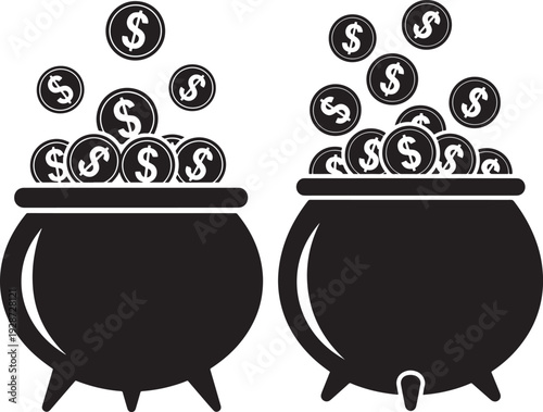 Black Icons of Pots Overflowing with Dollar Coins, Representing Wealth and Fortune