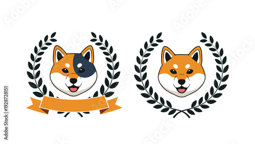 Two shiba inu dog heads framed by black laurel wreaths with one featuring a bright orange ribbon and banner.
