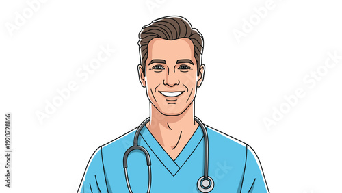 Portrait of a smiling male doctor or nurse wearing blue scrubs and a stethoscope representing professional medical and healthcare.