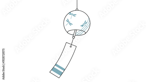 Traditional Japanese wind chime or furin decorated with light blue dragonfly patterns and a hanging paper strip.