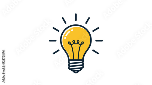 Yellow glowing light bulb icon with bright rays representing creativity ideas and inspiration on a white background.