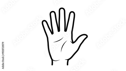 Simple black and white line drawing of an open hand palm representing stop, greeting, help gestures, or palmistry related themes.