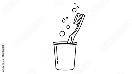 Toothbrush in a cup with floating soap bubbles and water drops illustrated as a clean black line icon for hygiene.