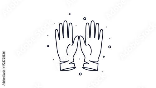 Pair of hands or gloves icon surrounded by small floating circles illustrated as a clean black line drawing.