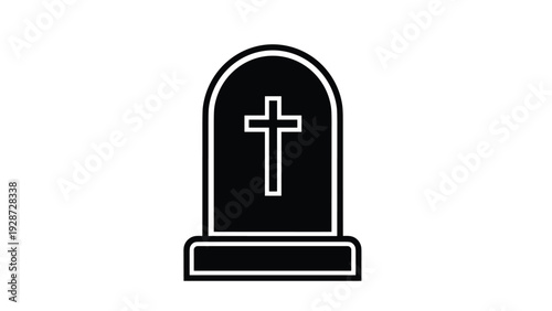 Solid black tombstone icon with a white christian cross symbol presented as a simple and clean graphic on white.