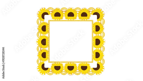 Decorative square frame made of bright yellow sunflowers on a white lace background for floral summer themes.