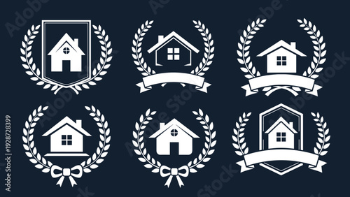 Set of six white house icons inside laurel wreaths with ribbons and shields on a dark navy blue background for real estate.