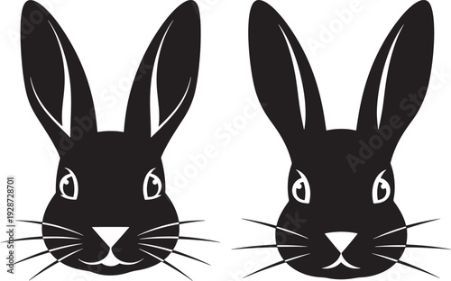 Two Black Bunny Rabbit Faces with Big Ears and Whiskers, Cute Animal Icons