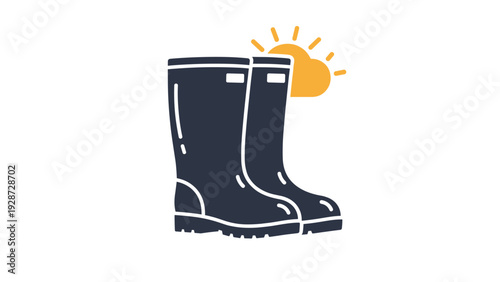 Dark blue rubber rain boots shown alongside a yellow sun peeking from behind a cloud representing spring weather.