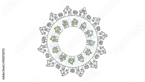 Neighborhood concept showing a circle of various small houses and green spaces arranged in a radial pattern on white.