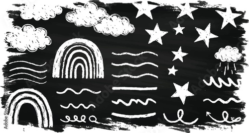 Whimsical seamless pattern with cute smiling suns clouds rainbow flowers and a character