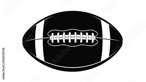 Classic american football ball depicted in a bold black and white graphic style with visible lacing and white stripes.