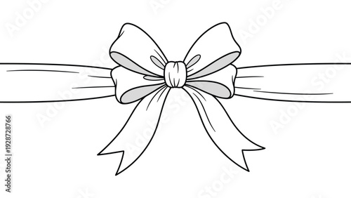 Classic tied ribbon bow with long ends stretching horizontally shown in a simple black and white line art illustration.