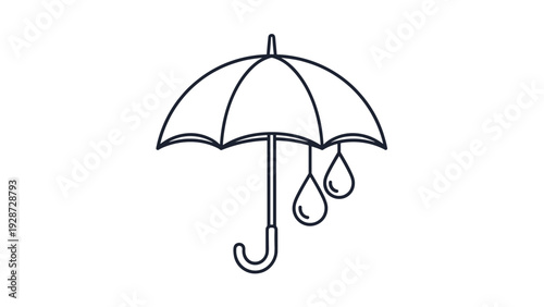 Simple outline drawing of an open umbrella with two large raindrops hanging from its edges representing wet weather.